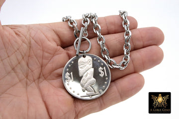 Silver Coin Necklace, Tangaroa God, Toggle Wrap Large Cable Chain, Cook Island Tiki Coin, Queen Elizabeth - A Girls Gems